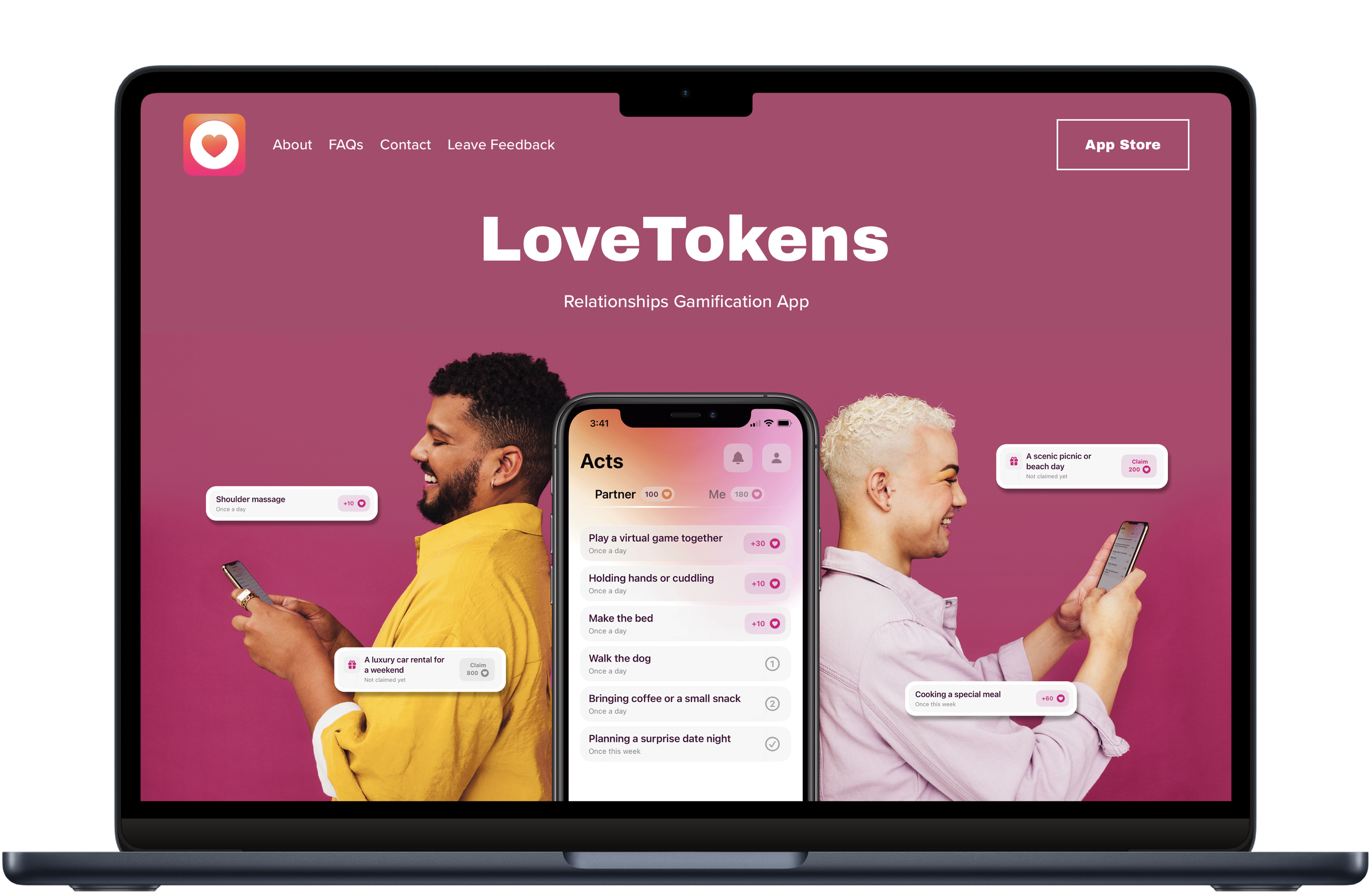 LoveTokens marketing launch image — two people on either side of a phone mockup showing the Acts screen