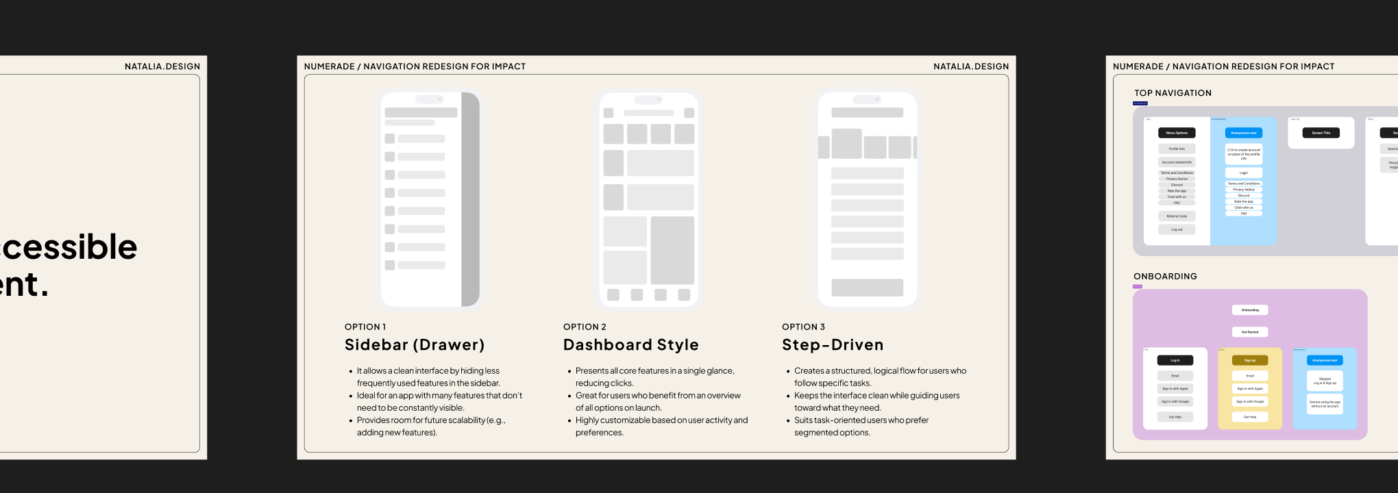 Three navigation concepts: Sidebar (Drawer), Dashboard Style, and Step-Driven