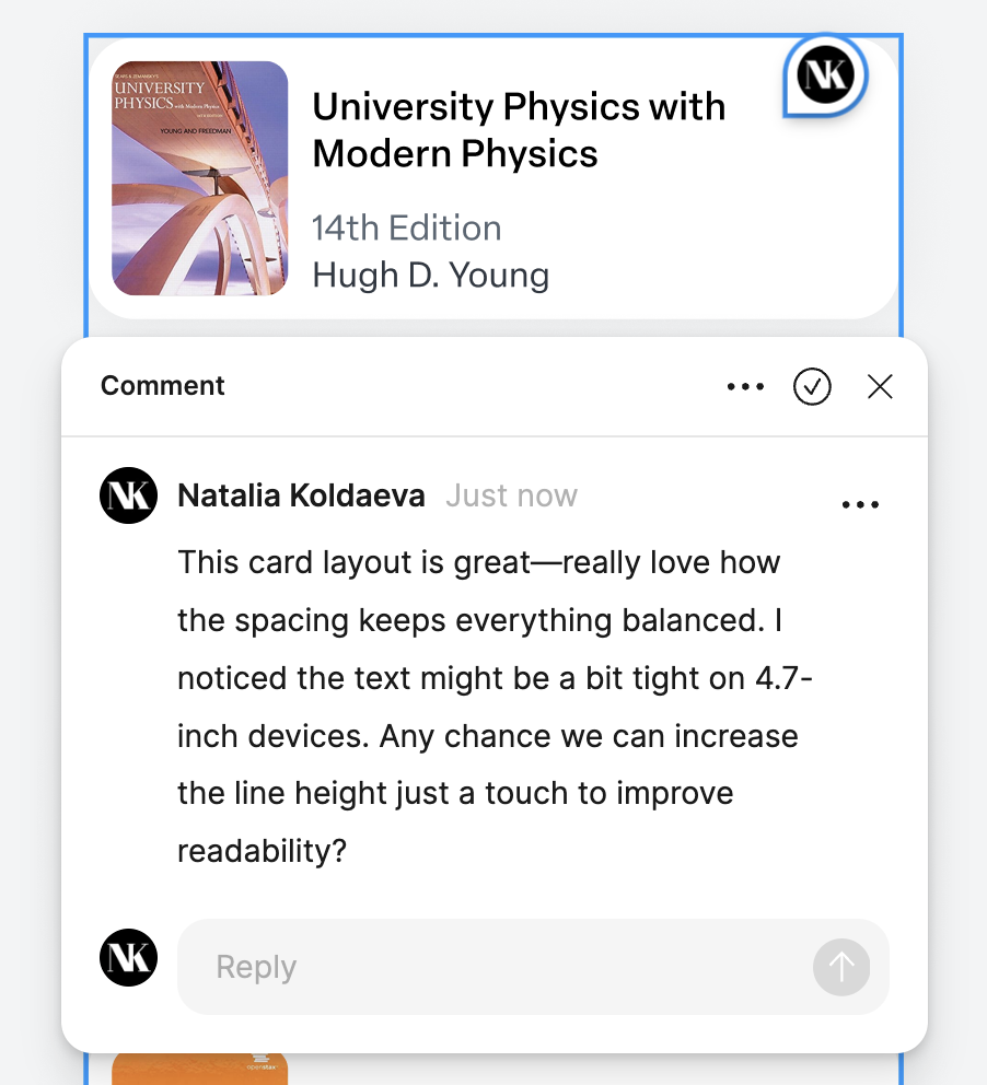 Numerade design system in review — an inline comment thread on a component, with the principles cited as the criteria for inclusion