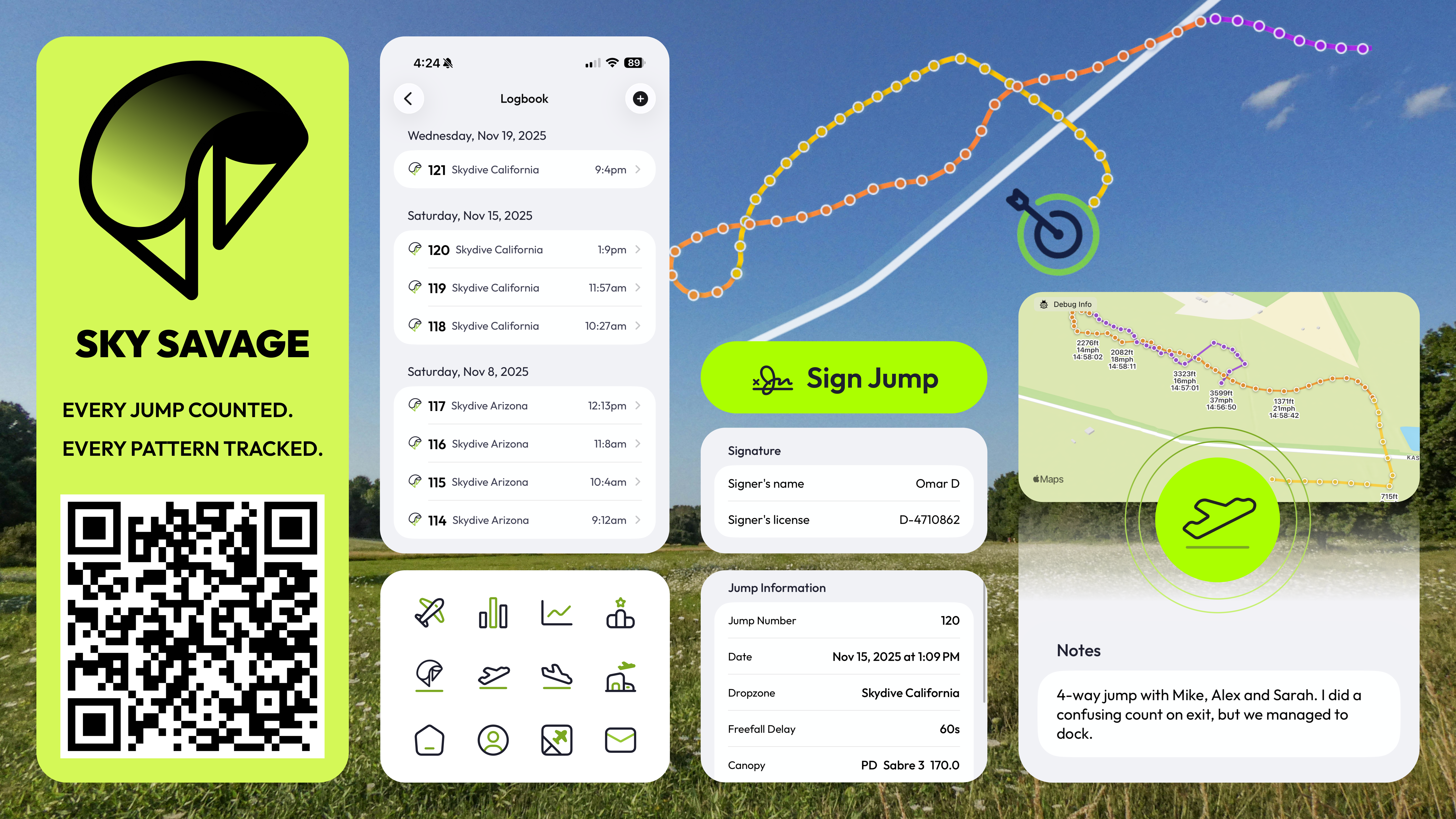 SkySavage key UI: logbook, jump details, signature, landing pattern map, icon set