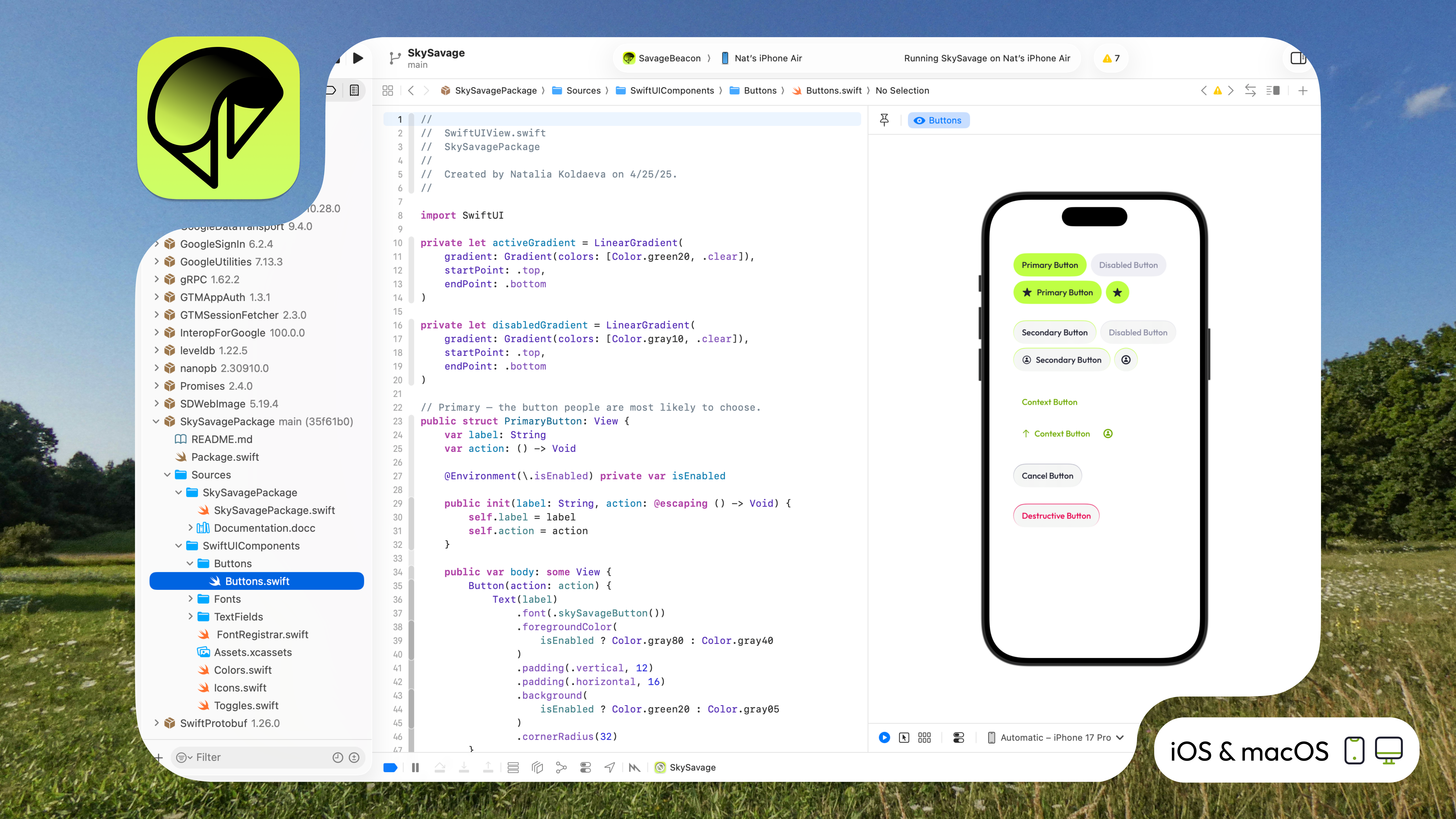 SkySavage SwiftUI design-system source in Xcode with live preview of primary, secondary, context, cancel, and destructive buttons