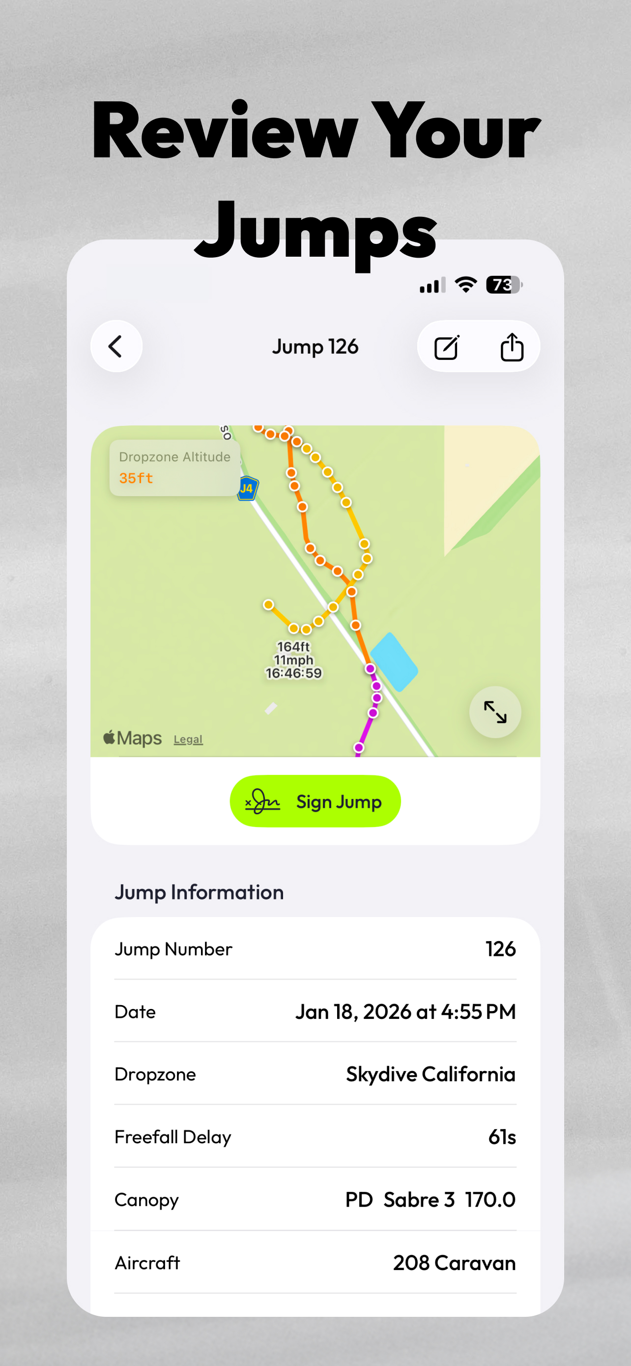 SkySavage iOS jump detail showing the GPS landing-pattern map with speed and altitude waypoints