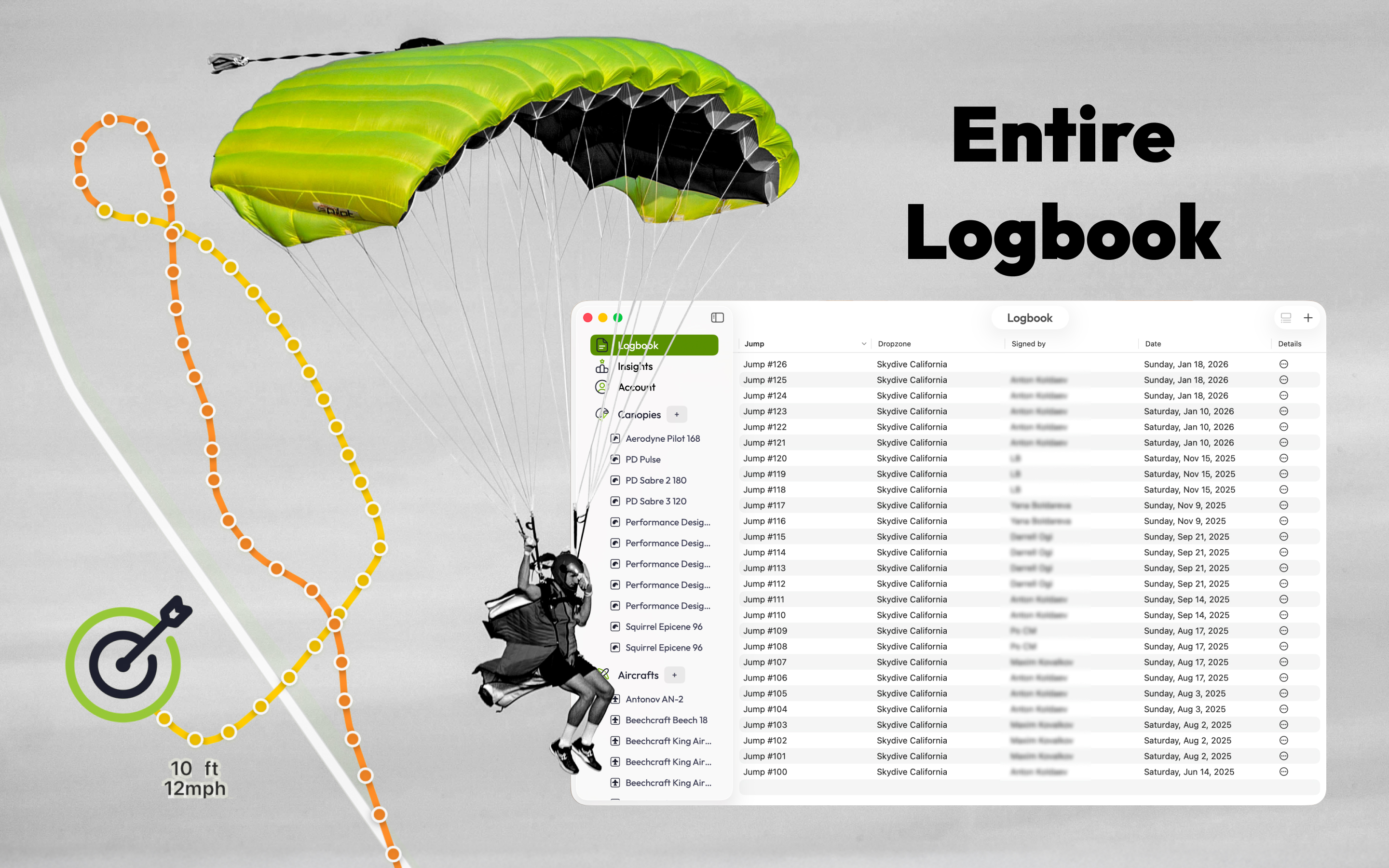 SkySavage macOS app showing the left sidebar navigation alongside the full logbook table