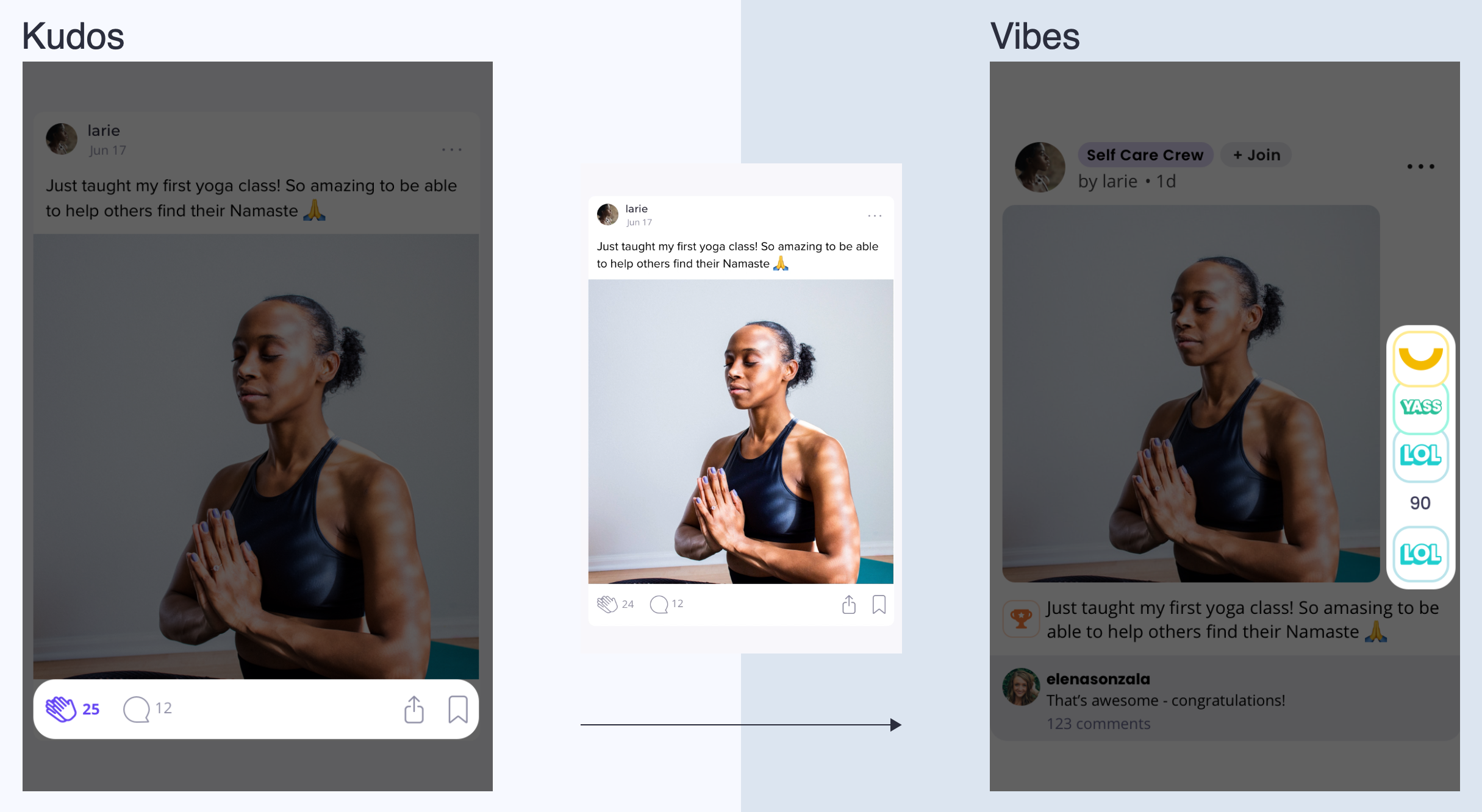 VISVA naming evolution — from 'Kudos' to 'Vibes' as the right label for the reaction system