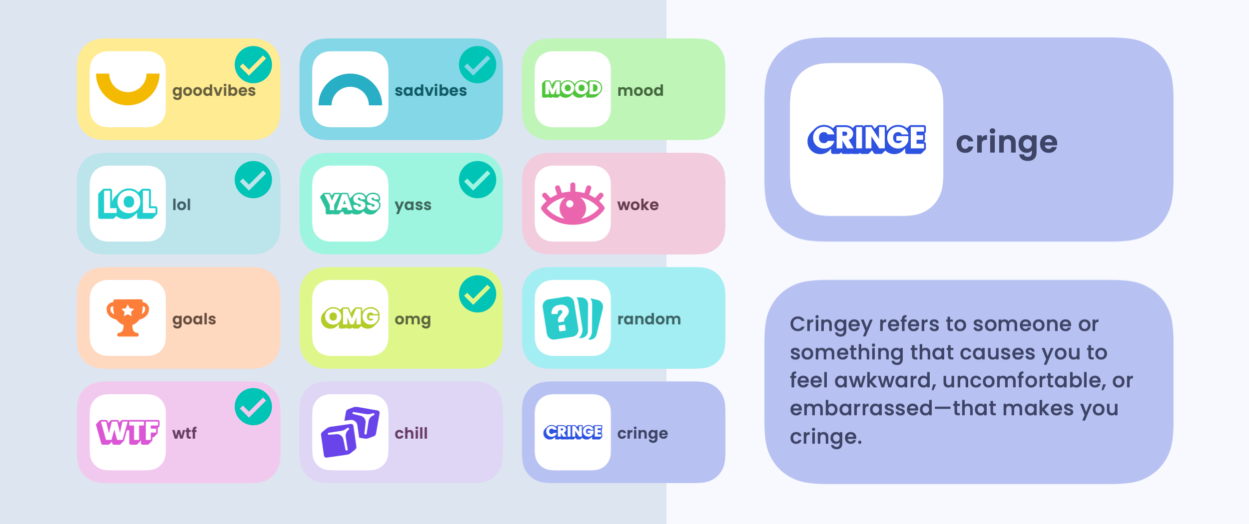 VISVA Vibe cards — the playful, on-brand reaction tokens that replaced traditional emoji reactions
